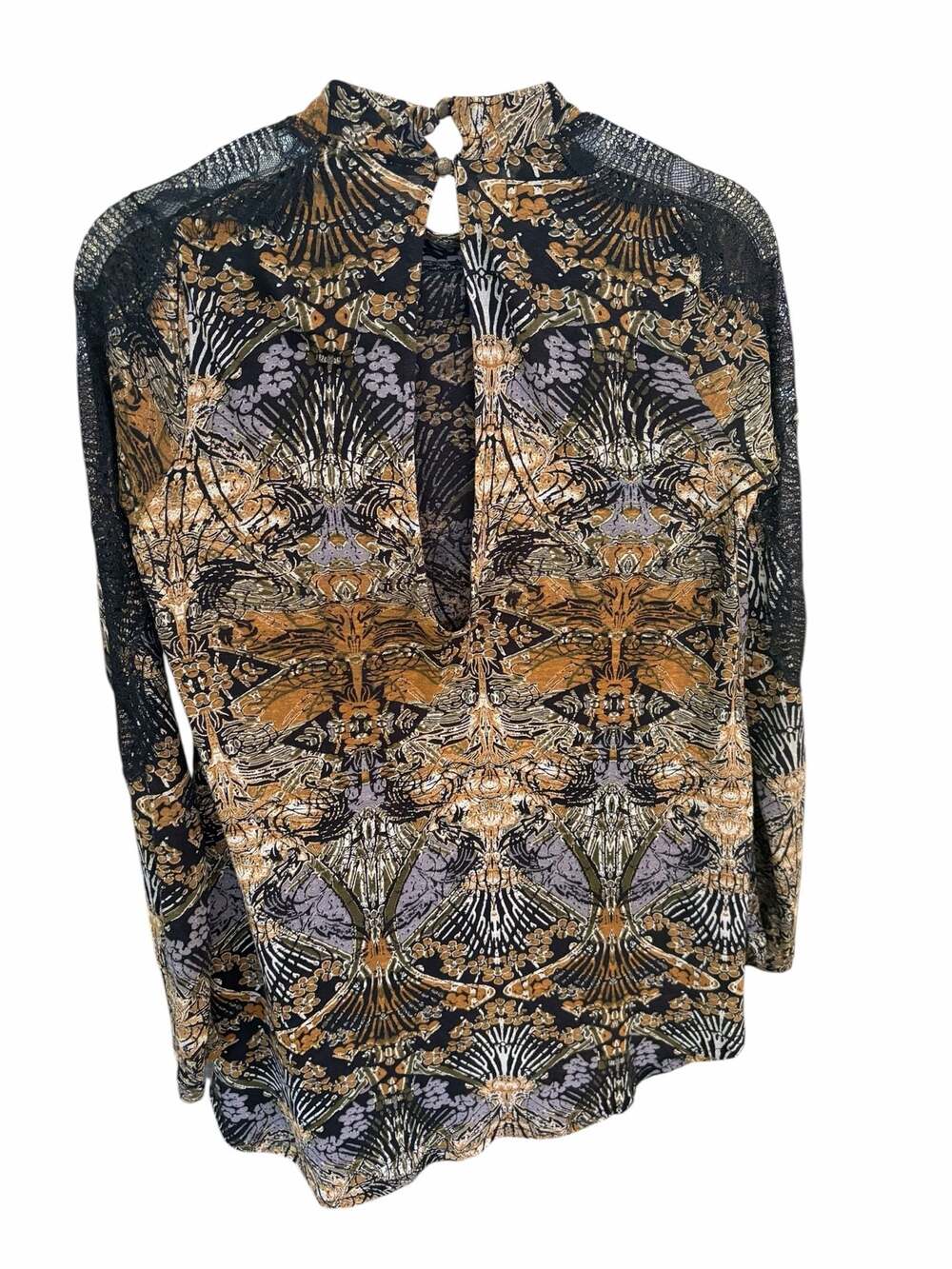 Free People Art Nouveau boho print Blouse with Lace - Picture 3 of 13